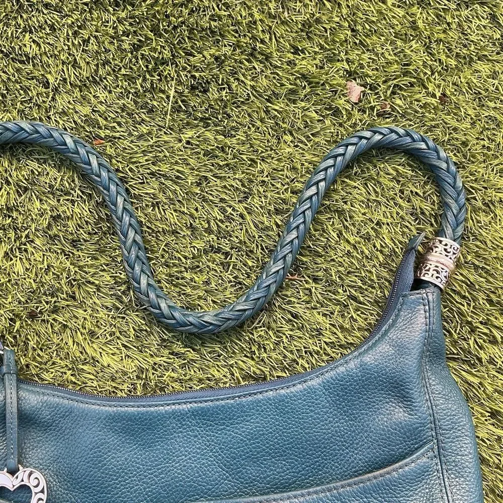 Brighton Blue Leather Hobo Shoulder Bag Braided Strap Heart Tassel Purse